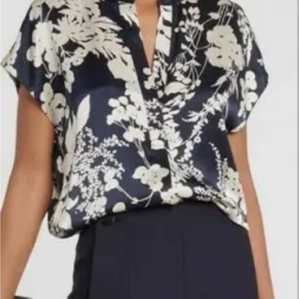 Vince Navy Silk Floral V-Neck Blouse
